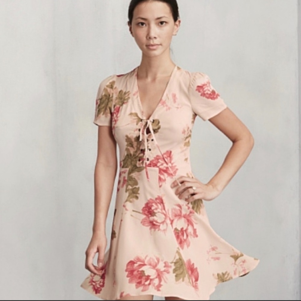Reformation Koa Pink Floral Lace Up V Neck Short Sleeve Mini Dress New Size 2